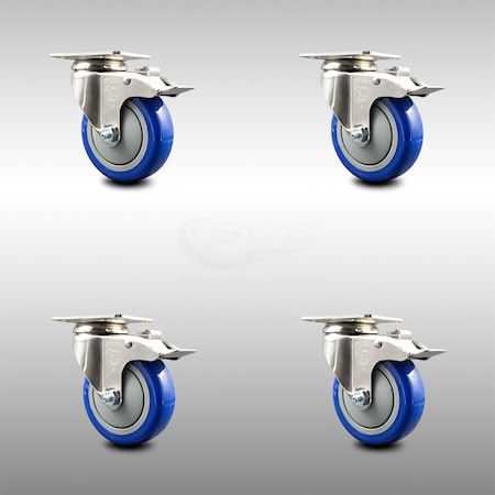 Service Caster 4 Inch 316SS Blue Polyurethane Swivel Top Plate Caster Set Total Lock Brake SCC SCC-SS316TTL20S414-PPUB-BLUE-4